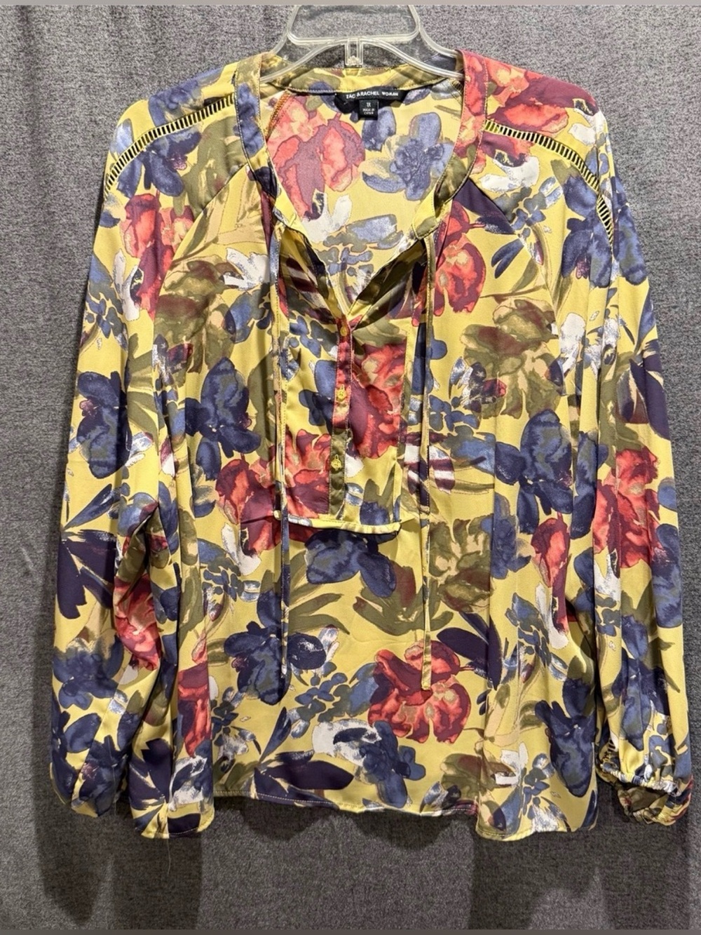 Zac & Rachel Woman Blouse 1X Yellow Floral Long Sleeve Tie Neck Cut Out Trim Top